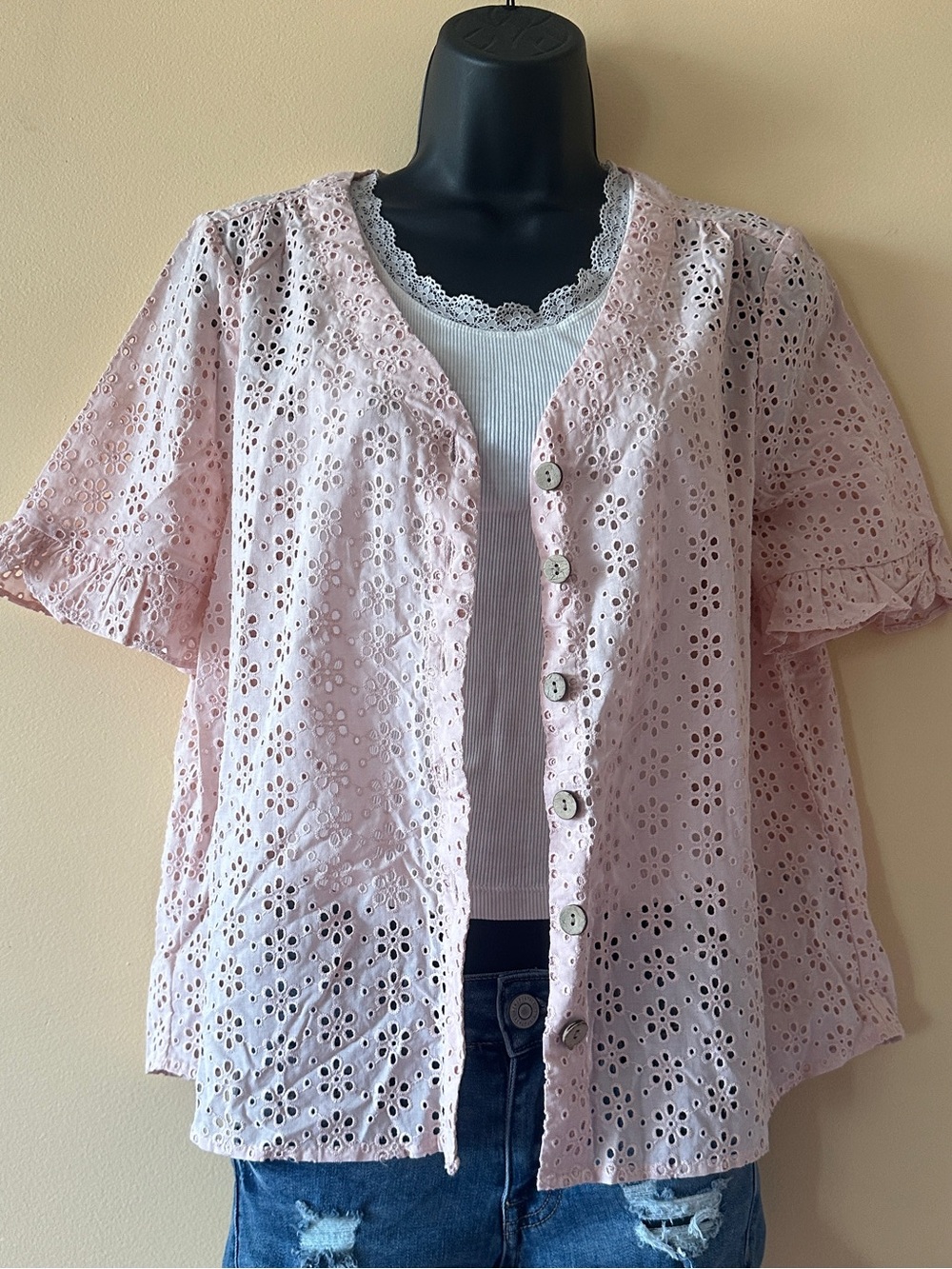 Camo Vintage 100% Cotton Blush Pink Eyelet Blouse| Size Small